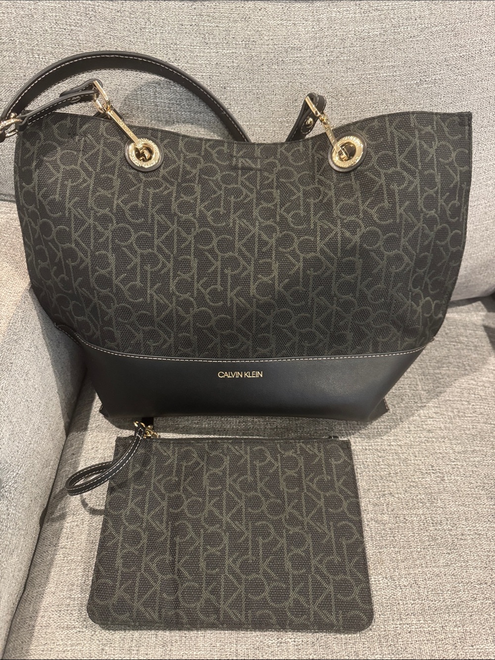 Calvin Klein Black Monogram Shoulder Tote with Gold Hardware and Makeup Bag